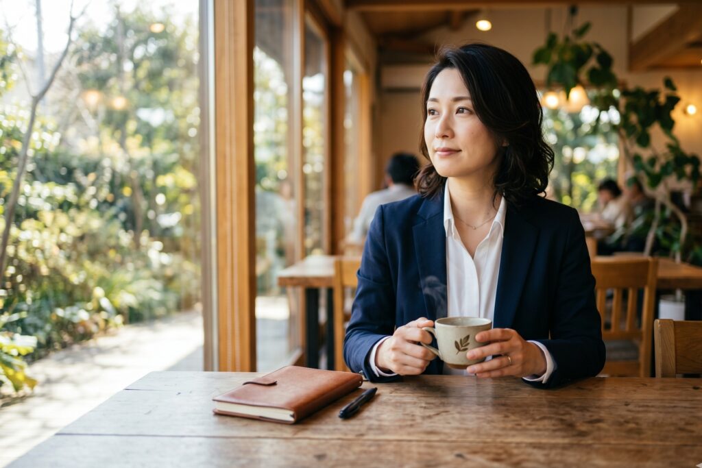 カフェでコーヒーを手に物思いにふける女性。お金の使い方を左右するメンタルアカウンティング(心の会計)のイメージ