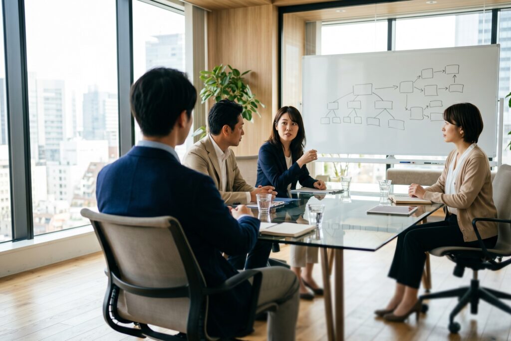 明るい会議室でホワイトボードのフロー図を見ながら議論する4名のビジネスパーソン。システム1と2を活用した組織の意思決定をデザインする場面のイメージ