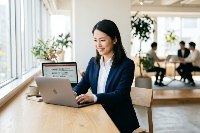 カフェのテーブルで、ノートPCに向かって資料を確認する女性。メンタルアカウンティングの意思決定の仕組みを学ぶ場面のイメージ