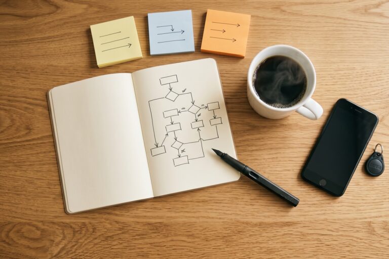 机の上に開かれたノートに描かれたフローチャートと、矢印が書かれた3色の付箋、コーヒーカップ、スマートフォン。ナッジ理論で意思決定の流れを設計する場面のイメージ