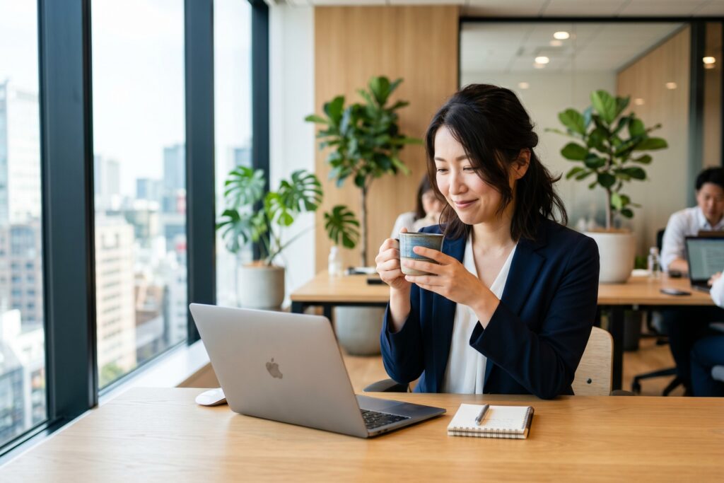 明るいオフィスでマグカップを両手で持ち、笑顔でノートPCに向かう日本人ビジネスウーマン——保有効果が自分のものへの愛着として現れる場面