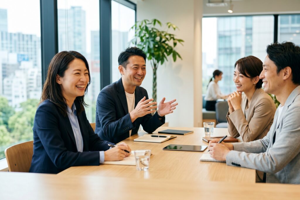 明るいオフィスの会議室で笑顔で会話する日本人ビジネスチーム——ポジティブアフェクトが職場に広がる様子