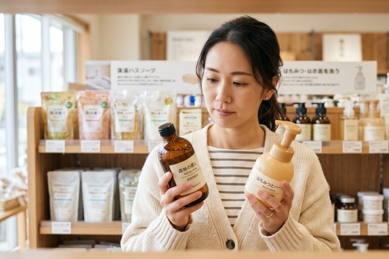 行動経済学が隠れた2本のハンドソープを見比べる女性