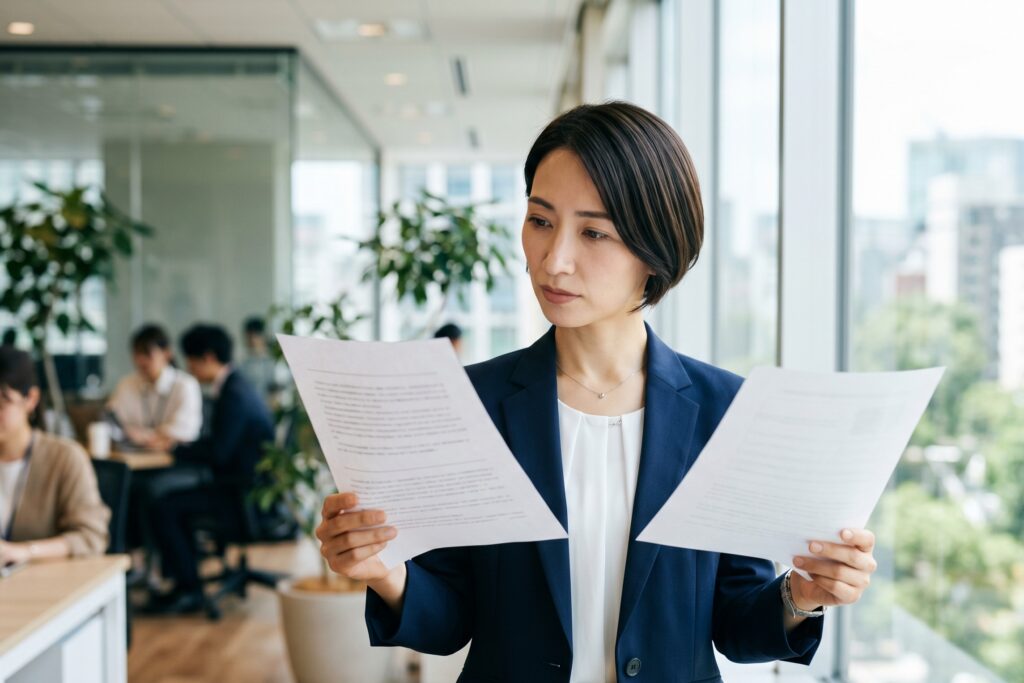 二つの選択肢を見比べて検討するビジネスパーソン（フレーミング効果のイメージ）