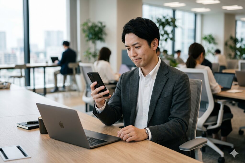スマートフォンの初期設定を見直すビジネスパーソン（デフォルト効果・マーケティングのイメージ）