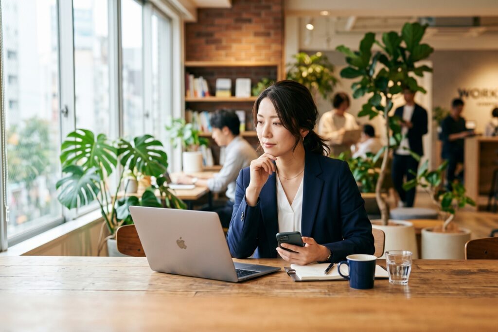 コワーキングスペースでノートパソコンとスマートフォンを前に考え込むビジネスパーソン。損失回避で解約や撤退の判断に迷う心理を表すイメージ