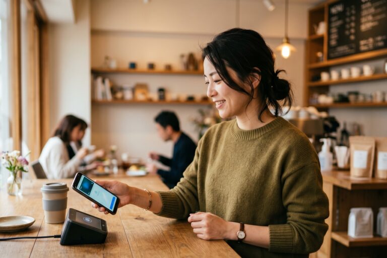 カフェのカウンターでスマートフォンを使い、非接触決済端末で支払いをする女性。キャッシュレス・エフェクトを表すイメージ