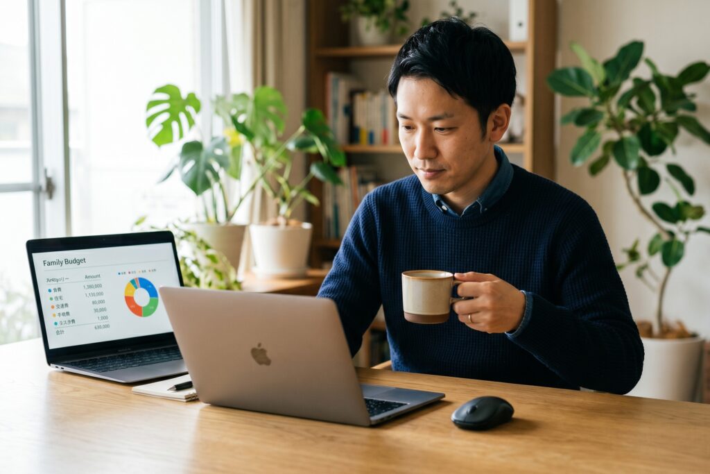 自宅で家計簿アプリを見ながらコーヒーを持つ日本人男性。メンタル・アカウンティングをテーマにした行動経済学メルマガのイメージ