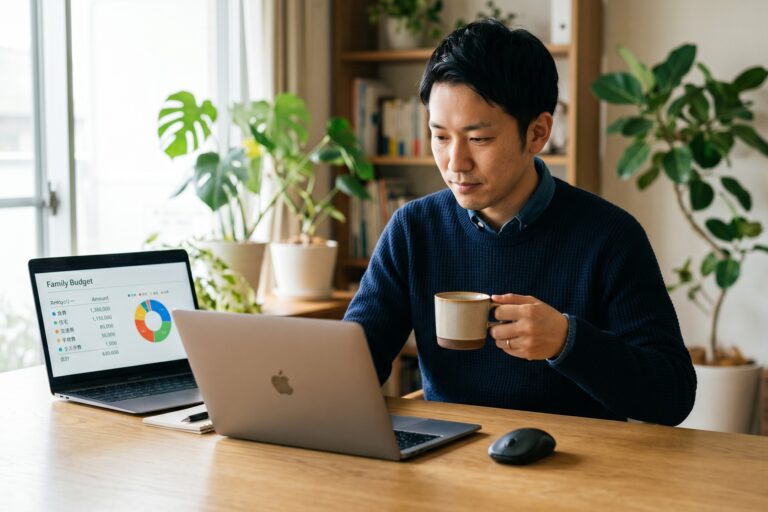 自宅で家計簿アプリを見ながらコーヒーを持つ日本人男性。メンタル・アカウンティングをテーマにした行動経済学メルマガのイメージ