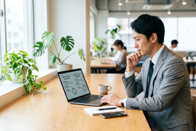 ノートパソコンで2つの選択肢を見比べる日本人男性。機会コストをテーマにした行動経済学メルマガのイメージ