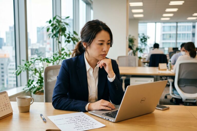 ノートパソコンを前に頬杖をつき、To Doリストの作業を後回しにして考え込むオフィスの女性。現在志向バイアスによる先送りを表すイメージ