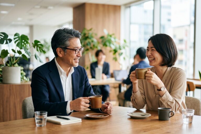 明るい会議室で温かいコーヒーを手に和やかに商談する2人のビジネスパーソン。身体的認知（温かさが好感につながる）を表すイメージ