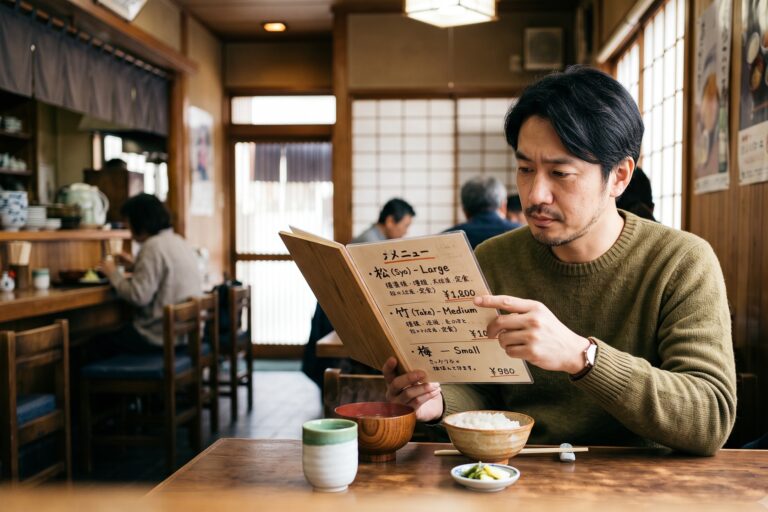 おとり効果が使われた松竹梅メニューを選ぶ男性客