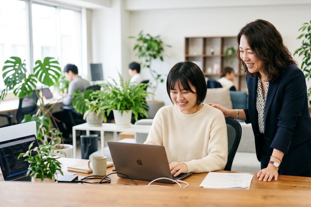 明るいオフィスで先輩が後輩の仕事を笑顔で後押ししているシーン。トリガー・障壁・報酬で他者の行動を促す行動経済学を表すイメージ