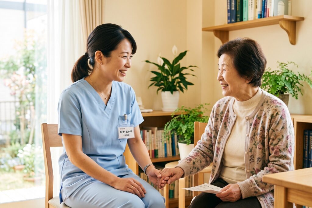 看護師が高齢の患者にやさしく声をかける診療の場面。行動経済学を活かした患者への働きかけを表すイメージ