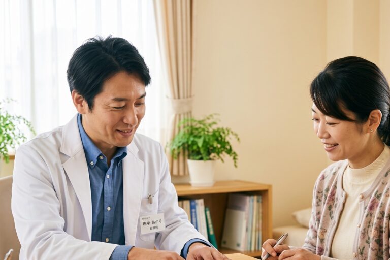 医師が患者に治療計画を説明する診療の場面。行動経済学を活かした患者指導を表すイメージ