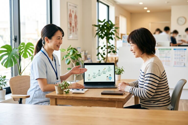 クリニックの相談室で看護師が患者にパソコン画面の5段階ステップ図を示しながら笑顔で説明する、行動変容ステージモデルと行動科学の解説記事のアイキャッチ写真