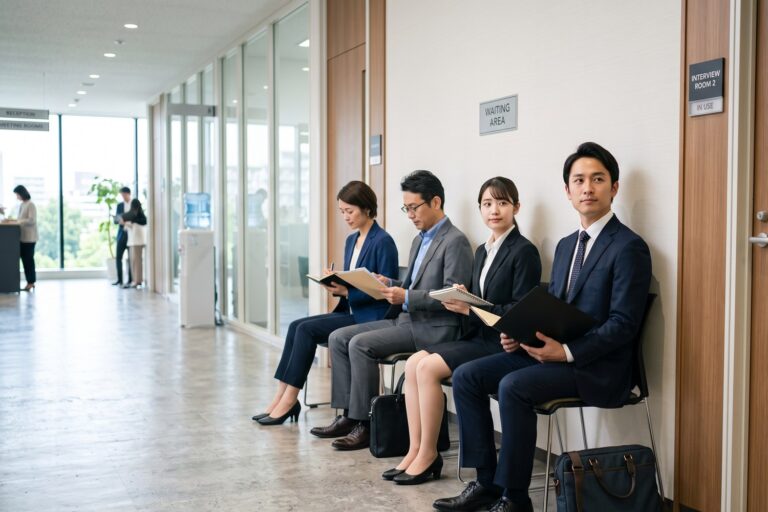 面接の順番を待つ複数の候補者が廊下に並んで座る様子。登場順が評価を左右する系列位置効果のイメージ