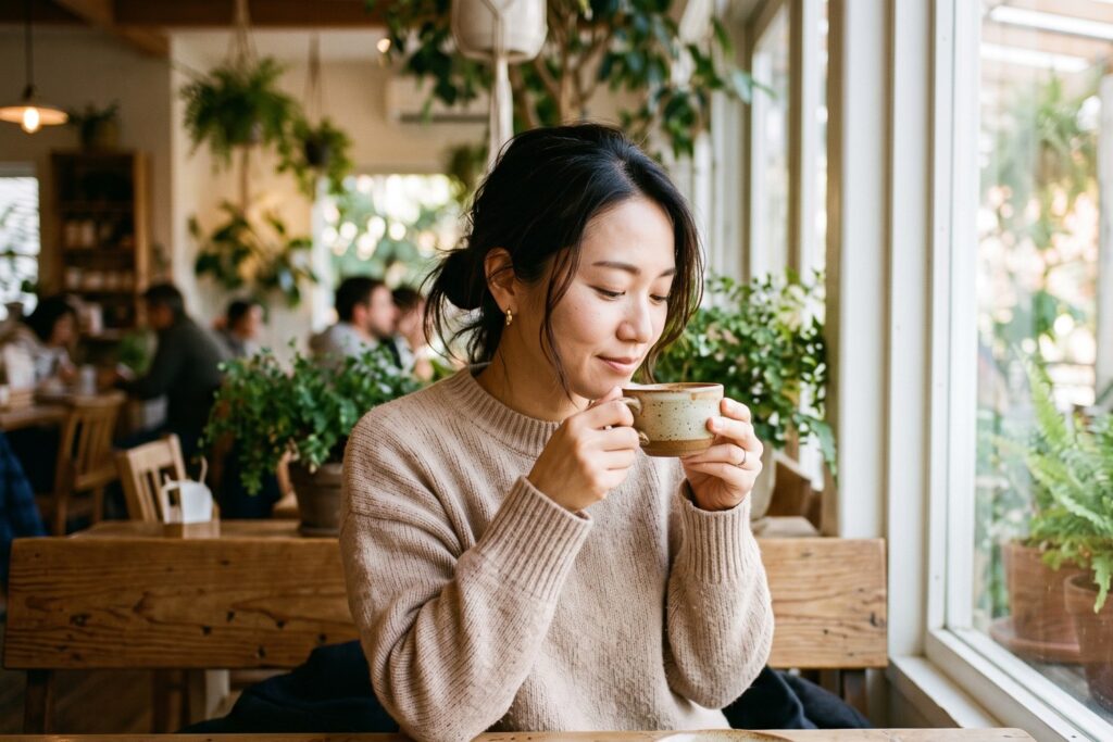 明るいカフェでコーヒーの一口を味わう女性。日々の小さな良い気分と快楽適応のイメージ