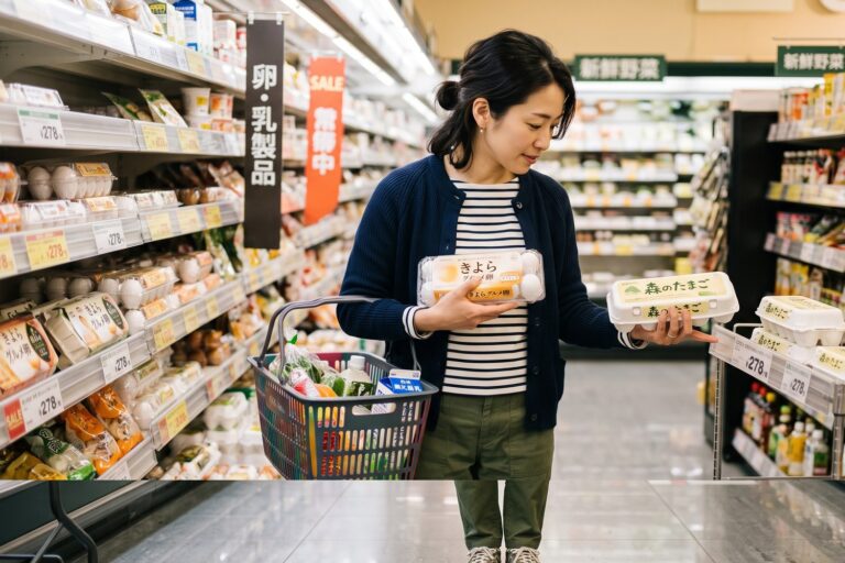 スーパーで卵の値札を見比べる女性。金額の感じ方が変わるゼロに近い数値への敏感さのイメージ