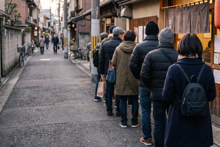 飲食店の前に並ぶ行列を後方から見た様子