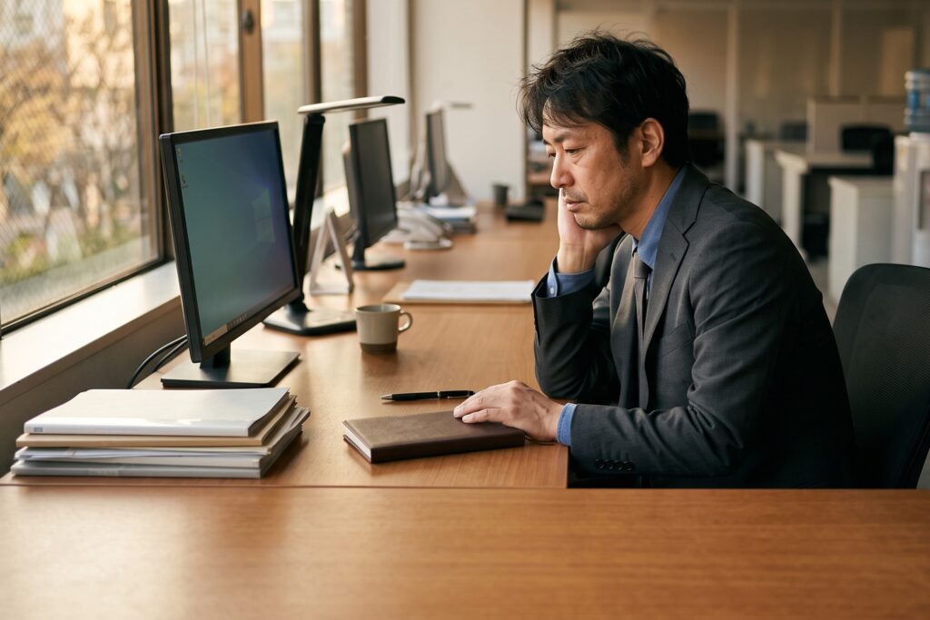 夕方のオフィスで頬に手を当てて考え込む会社員