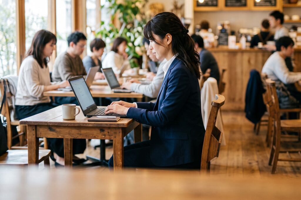 混み合ったカフェで、周囲の見知らぬ人たちに囲まれながらノートパソコンで作業する日本人のビジネスパーソン