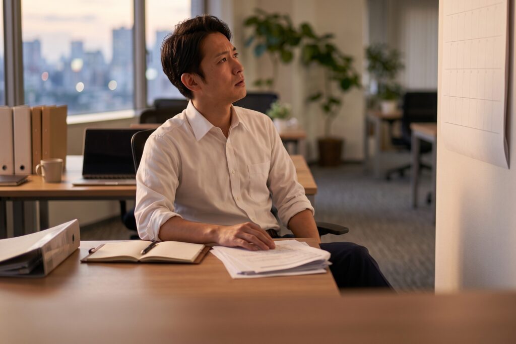 夕方のオフィスで、壁に貼られた予定表を見上げて表情をこわばらせる日本人のビジネスパーソン