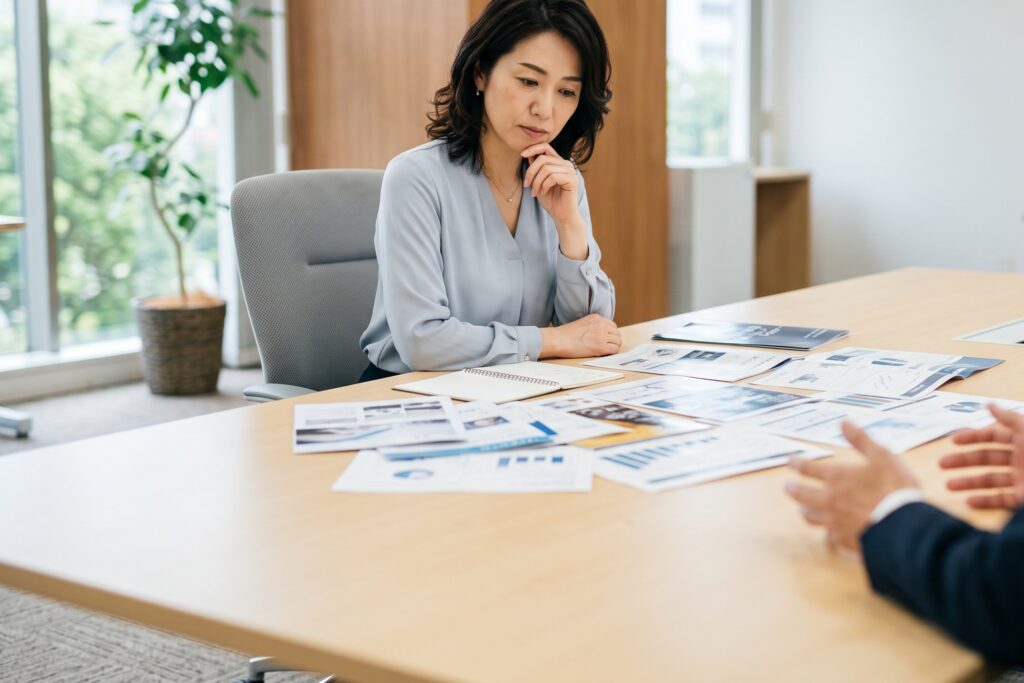 打ち合わせの席で、テーブルに広げられた多数の資料を前に、決めきれない表情で考え込む日本人のビジネスパーソン