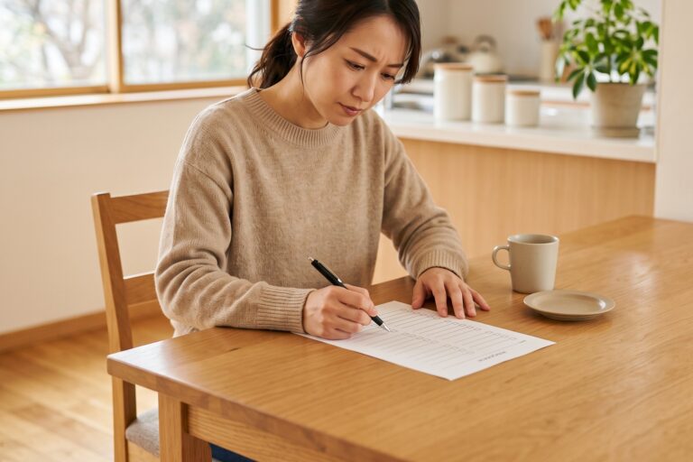 自宅のダイニングテーブルで、白紙のアンケート用紙にペンで記入する日本人の女性