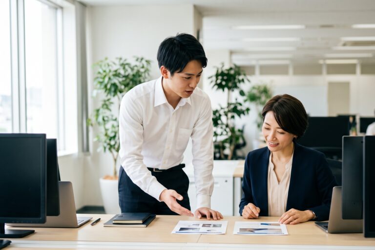 上司の机に2枚の資料を並べて意見を聞く若手社員と、笑顔で資料を見る女性上司