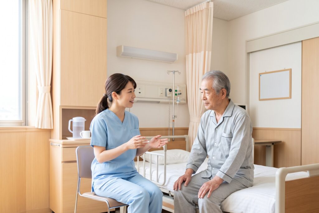 病室で高齢の男性患者の隣に座り、やさしく説明する看護師